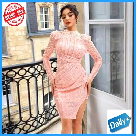 Long Sleeve Sequin Mock Neck Backless Bodycon Prom Cocktail Party Dress - Picture 3 of 6